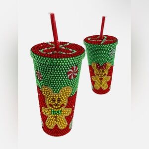 Christmas gingerbread Minnie and Mickey Rhinestone Tumbler with Straw